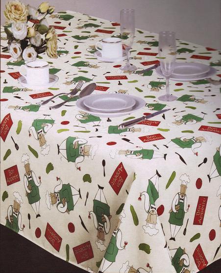 Chef with Teal Apron (light cream background) Printed Fabric Tablecloth  - $16.99