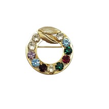 12k GF Gold Filled Multi-Color Rhinestone Brooch Mother&#39;s Pin Signed Carla - $29.39