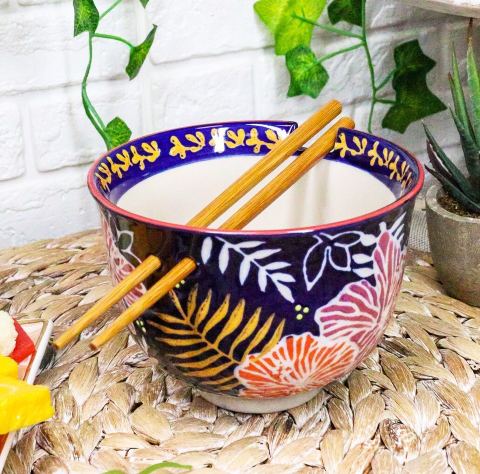Ebros Pack Of 2 Leaves &amp; Flowers Ramen Noodles Soup Bowl W/ Bamboo Chops... - $28.99