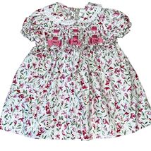 Dainty Floral Smocked Collared Dress Ribbons Satin Lace RN 16954 Vintage... - €28,85 EUR