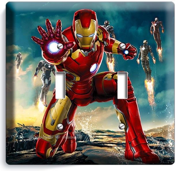 IRONMAN SUPERHERO DOUBLE LIGHT SWITCH WALL PLATE COVER BOYS BEDROOM ART IRON MAN