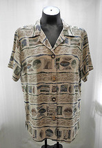 Vintage Teddi Beige Print Short Sleeve Shirt Faux Bone Buttons - Women&#39;s 12 - £6.77 GBP
