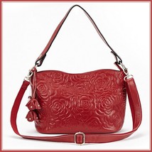 Red Rose Designer Handbag Cross Shoulder Genuine Leather Satchel Removable Strap