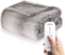 White, Gray, And Faux Fur Heated Throw, Sunbeam. - £60.06 GBP