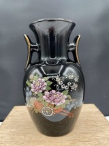 Japanese Kutani Black Floral Vase with Handles Gilt Accents Pink White F... - $14.52