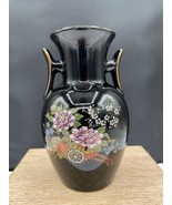 Japanese Kutani Black Floral Vase with Handles Gilt Accents Pink White Flowers - £11.41 GBP
