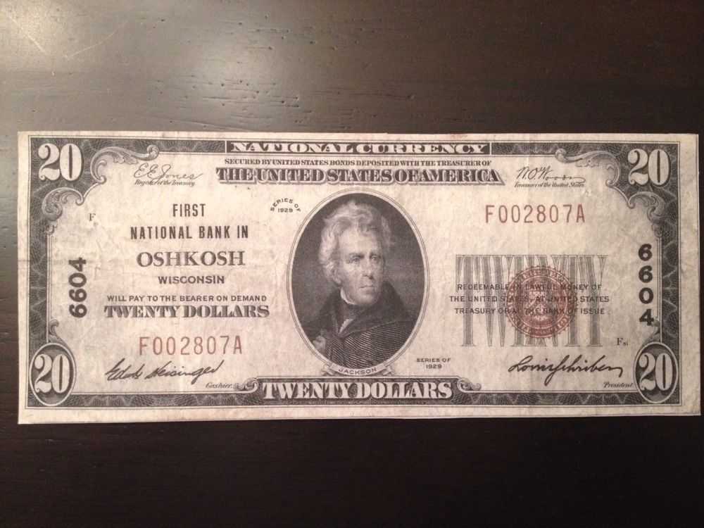 Reproduction $20 National Bank Note 1929,1st National Bank In Oshkosh, Wisconsin - $3.99