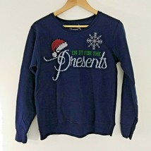 Ugly Christmas Sweatshirt Navy In It For The Presents Small hearts snow ... - $17.82