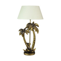 Zeckos Antique Gold Finish Double Palm Tree Resin End Table Lamp With Shade - £116.15 GBP