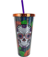 Sugar Skull 21659 Foil Accent Tumbler Beverage Cup w/ Straw 20 oz Acrylic - £15.79 GBP