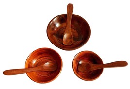 Wooden Handmade 3 Serving Bowl with 3 Wooden Spoons Decorative Cute Bowl - $19.29
