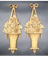 Vtg Pair Syroco Wall Plaques Basket with Flowers Bows Gold 20&quot; USA 1964 - $643.94 MXN