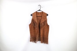 Vintage 60s Boho Chic Womens M Distressed Fringed Suede Leather Open Front Vest - £85.62 GBP