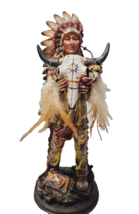 Vintage-Look Native Chief with Steer Skull - 14&quot; Detailed Sculpture Reproduction - $70.13