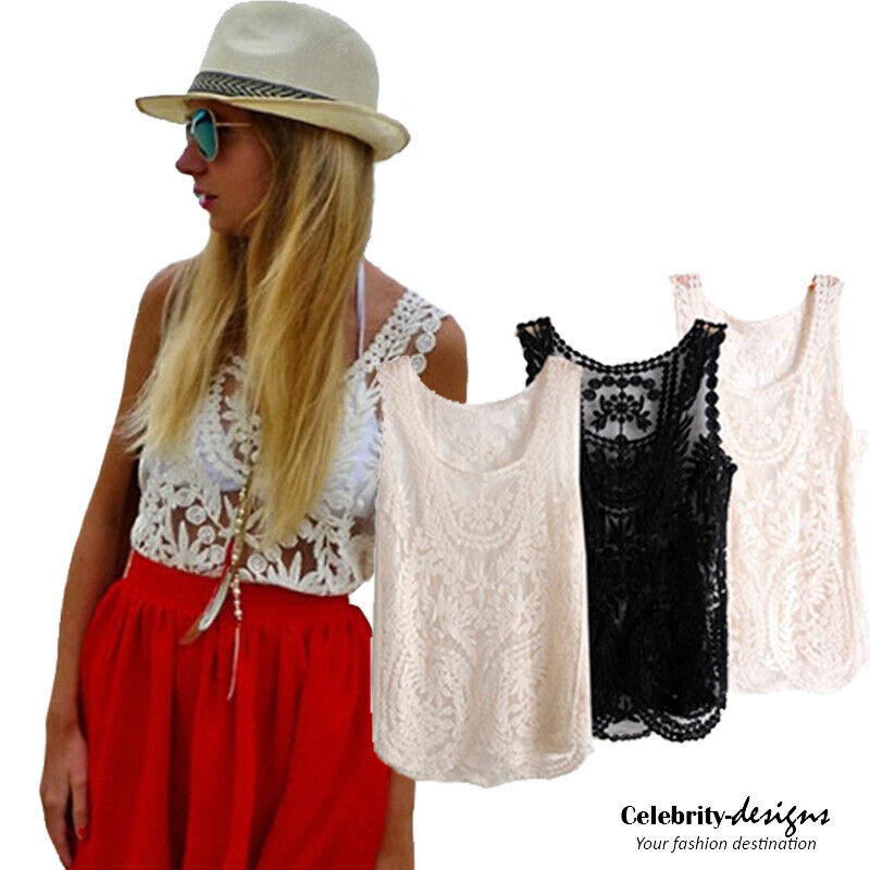 Bohemian Vest Crochet White Lace Top Australia, Black, Cream IN HAND 8 10 12 14