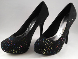 Women’s Brash Jeweled Black Vegan Suede Stiletto Heels Pumps Shoes Size ... - £17.95 GBP