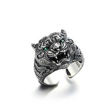 S925 Sterling Silver Rings New Fashion Three Dimensional Tiger Heads Zircon Pure - £55.61 GBP