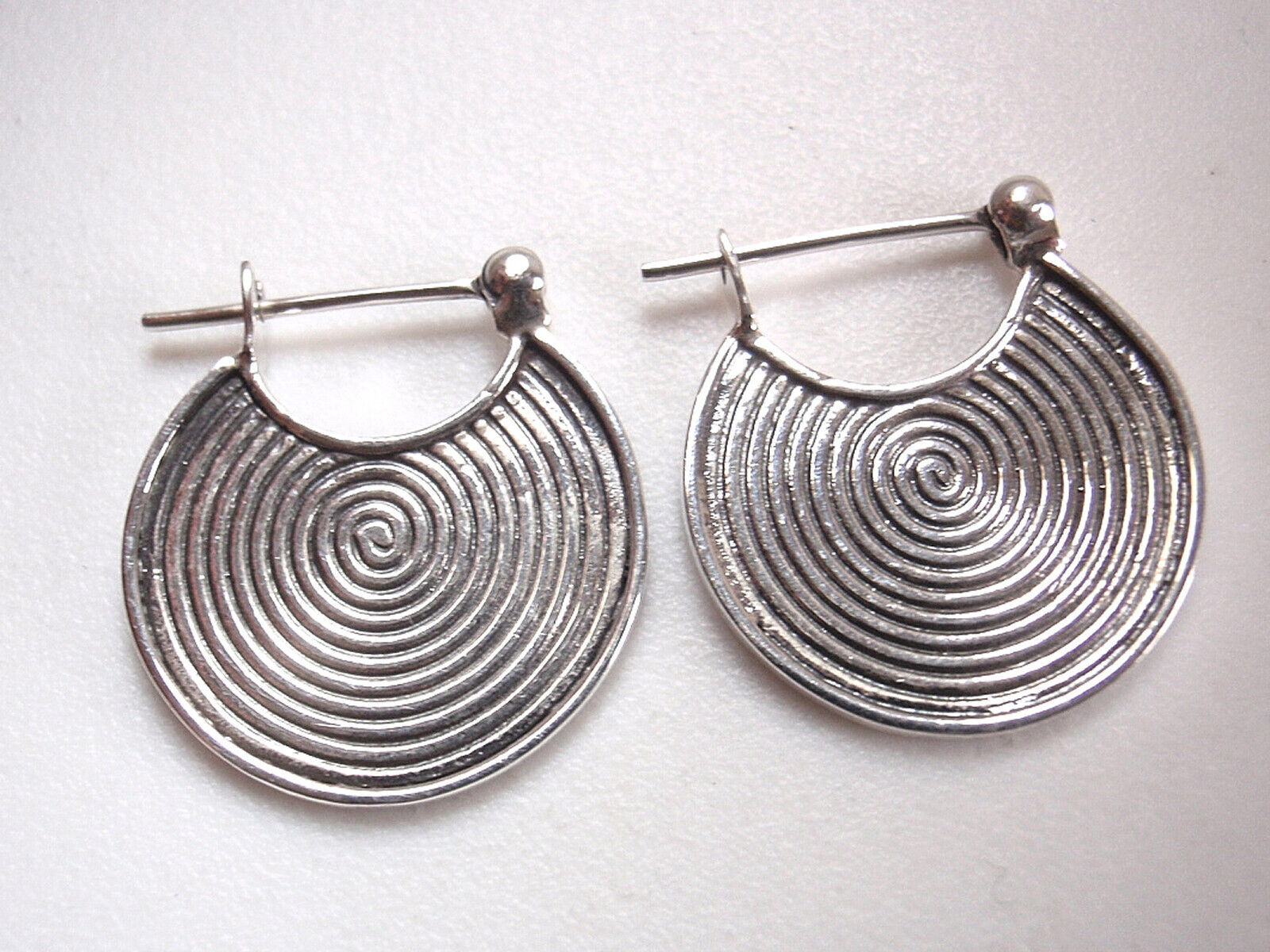 Bali Spiral Hoops with Concentric Circles 925 Sterling Silver Tribal Earrings
