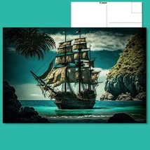 ‍☠️ Postcard: Pirate Ship at Open Sea - Navigating Close to Rocks and Is... - £4.66 GBP