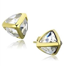 6mm Trillion Cut Clear Synthetic Glass Stud Yellow Gold Plated Dainty Earrings - £53.26 GBP