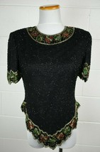 Laurence Kazar Black Silk Beaded Christmas Top Red Green Bows Scalloped PXL - £23.33 GBP