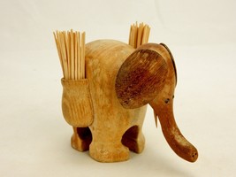 Carved Wood Toothpick Holder, Handcrafted Elephant w/Side Pockets, Vintage - $19.55