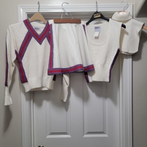 Vintage 80s 4 Piece Cheerleading Outfit White Red Blue Juniors / Womens ... - $140.27