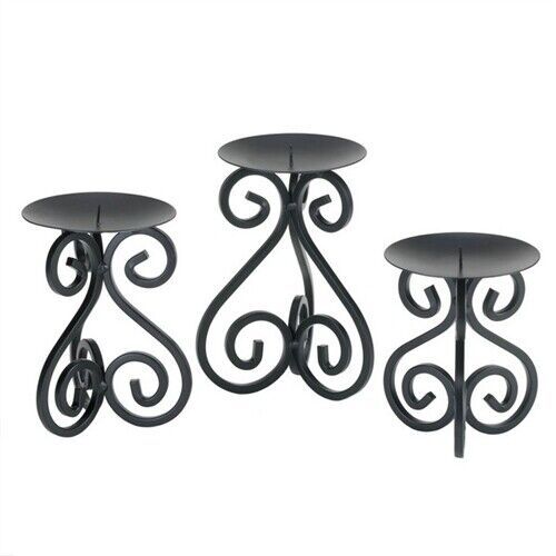 Scrollwork Black Pillar Candle Stands 3PC - £25.32 GBP