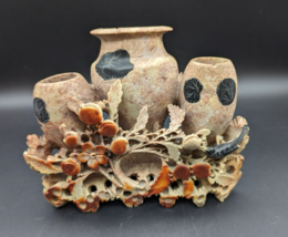 Antique Chinese Floral Hand Carved Soapstone Sculpture Vase Vintage 8&quot; 3... - $28.99