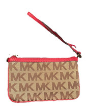 Michael Kors Monogram Khaki Red Leather Trim Small Zip Wristlet Wallet Coin - $564.50 MXN