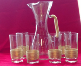 Fancy Glass Pitcher w 6 Glasses Serving Set w Gold Trim Mint Condition 1... - £279.12 GBP