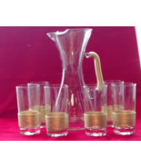 Fancy Glass Pitcher w 6 Glasses Serving Set w Gold Trim Mint Condition 1950's - $349.99
