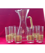 Fancy Glass Pitcher w 6 Glasses Serving Set w Gold Trim Mint Condition 1950's - £276.54 GBP