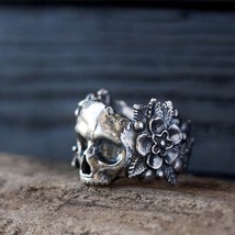 Gothic Mexican Flower Sugar Skull Rings Women Stainless Steel Punk Flowers Ring  - £10.83 GBP