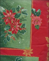 Holiday Winter Poinsettia Block Vinyl Tablecloth with Flannel Back 60&quot; R... - £9.38 GBP