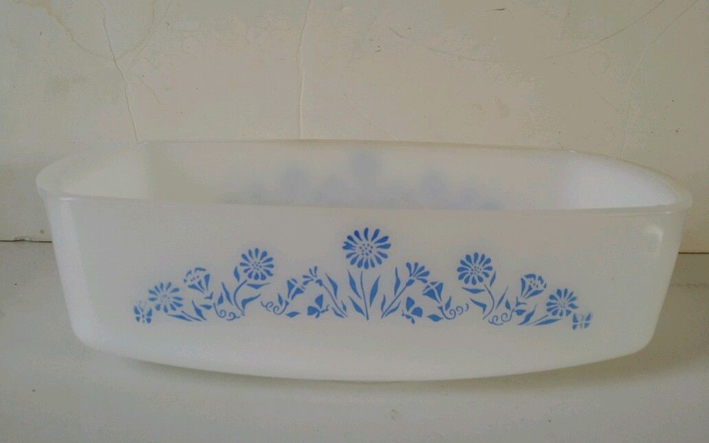 Vintage Federal Glass Baking Loaf pan dish blue cornflower design USA - $6.88