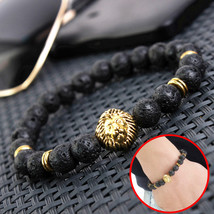 Men&#39;s Antique Black Lava Stone Gold Lion Head Bracelet - $12.90