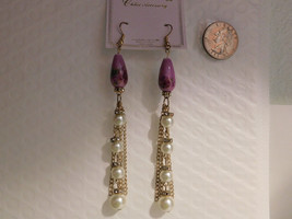 Chloe Ladies Beaded Drop Dangle Earrings Purple White Gold Tones Hook Fasteners - £4.78 GBP