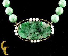 Imperial Jade, Pearl, 18k Yellow Gold Bead Necklace w/ Hand-Carved Pendant 18&quot; - £3,230.29 GBP