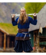 ? Viking Wool Tunic – Dark Blue with Brown Trim - $126.23 CAD