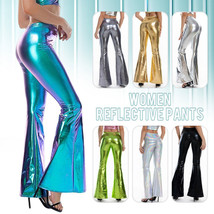 Women Shiny Metallic Pants Wide Leg Flared Pants Elastic Waist Trousers Clubwear - £13.12 GBP