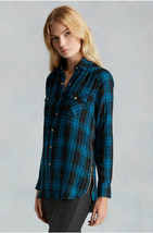 New Womens Designer True Religion S Plaid Top Logo Black Aqua Blue NWT Tunic Zip - £125.03 GBP