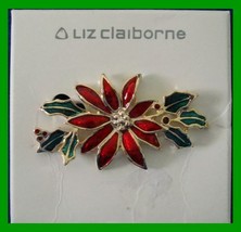 Christmas PIN #0193 Liz Claiborne Poinsettia -Green Enamel Leave Goldtone Brooch - £19.74 GBP