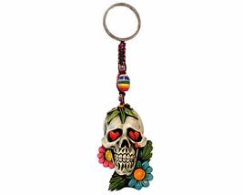 Flower Sugar Skull Gothic 3D Figurine Keychain Multicolored Macramé Metal Ring - - £9.48 GBP