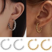 Women's Round Twisted Open C Hoop Earrings Trendy Jewelry Stainless Steel 2Pcs - £9.48 GBP+