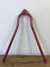 Vtg Mid Century Red Pink Aluminum Solid Metal Jar Opener w Leather Hanging Strap - £21.57 GBP