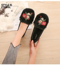 Embroider Flowers Loafers Women Real Rabbit Hair Flats Plush Winter Shoes Ladies - £30.11 GBP