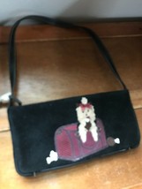 Small Black Suede Leather w Tan &amp; Black Puppy Dog in Carry Purse Handbag... - £10.46 GBP