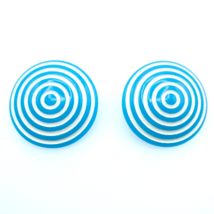 Round Blue White Circle Pierced Earrings Painted Wood Fashion 1-1/2&quot; Fun Swirl - £0.79 GBP