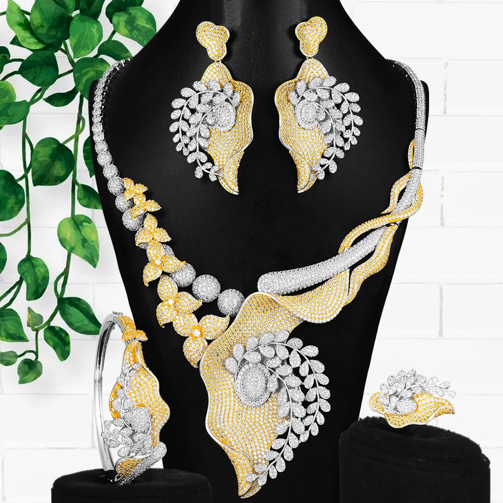 Big Luxury 4PCS Leaf Drop African Jewelry set For Women Wedding Party Cubic Zirc - £197.59 GBP